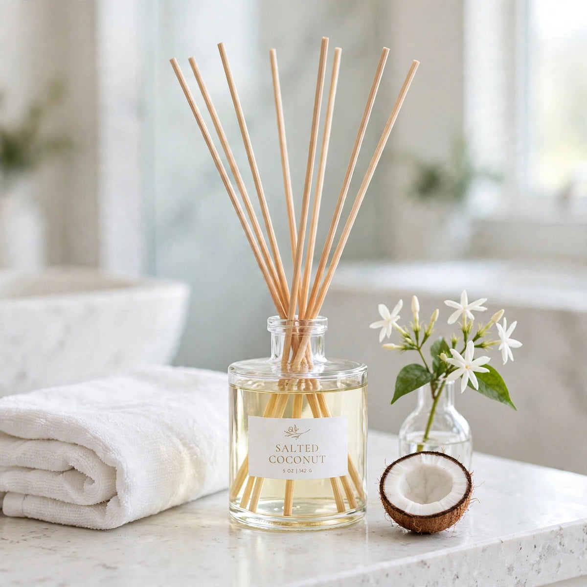 Salted Coconut Reed Diffuser in a bathroom