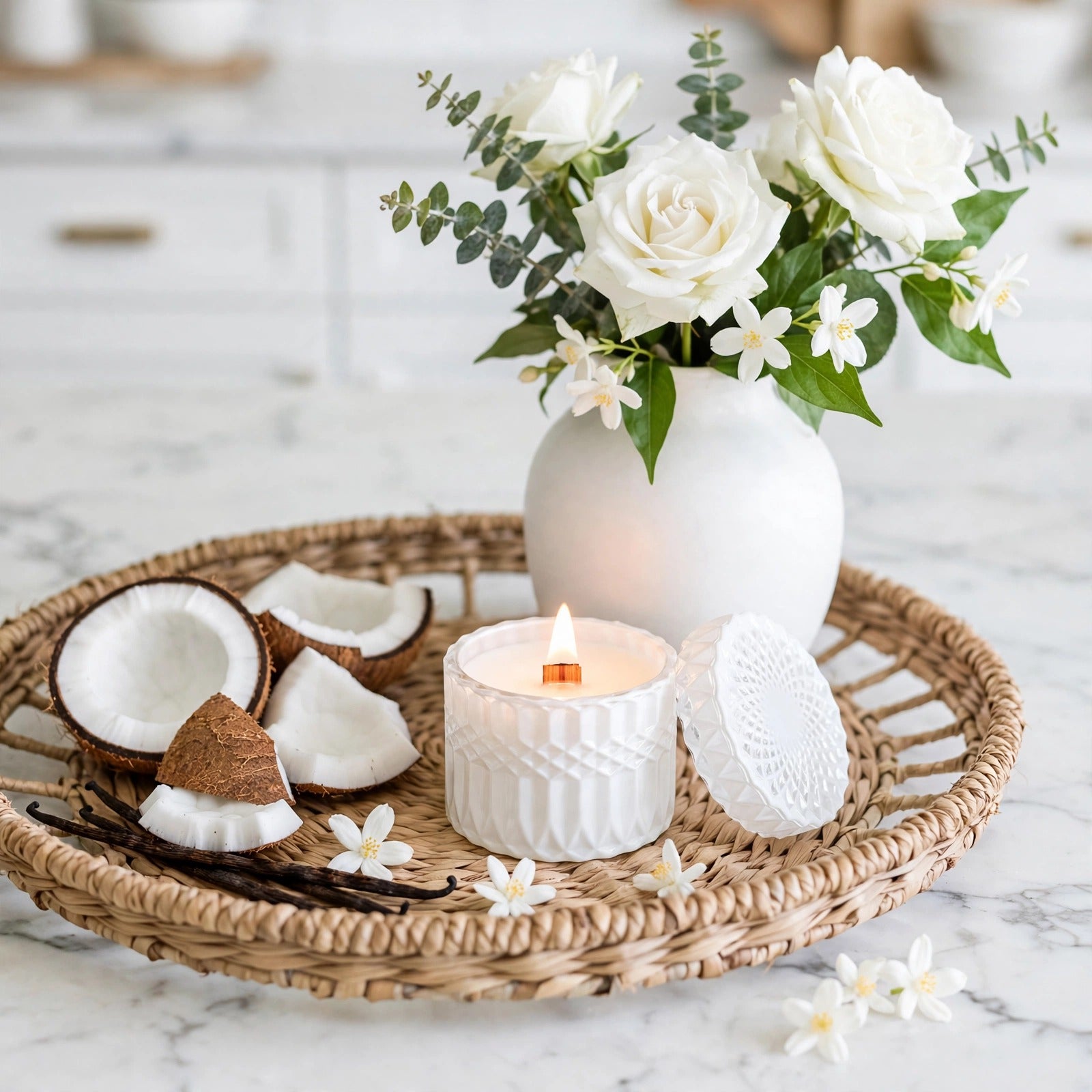 Salted Coconut vintage glass candle styled