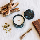 Sandalwood Smoke vintage glass candle flat lay