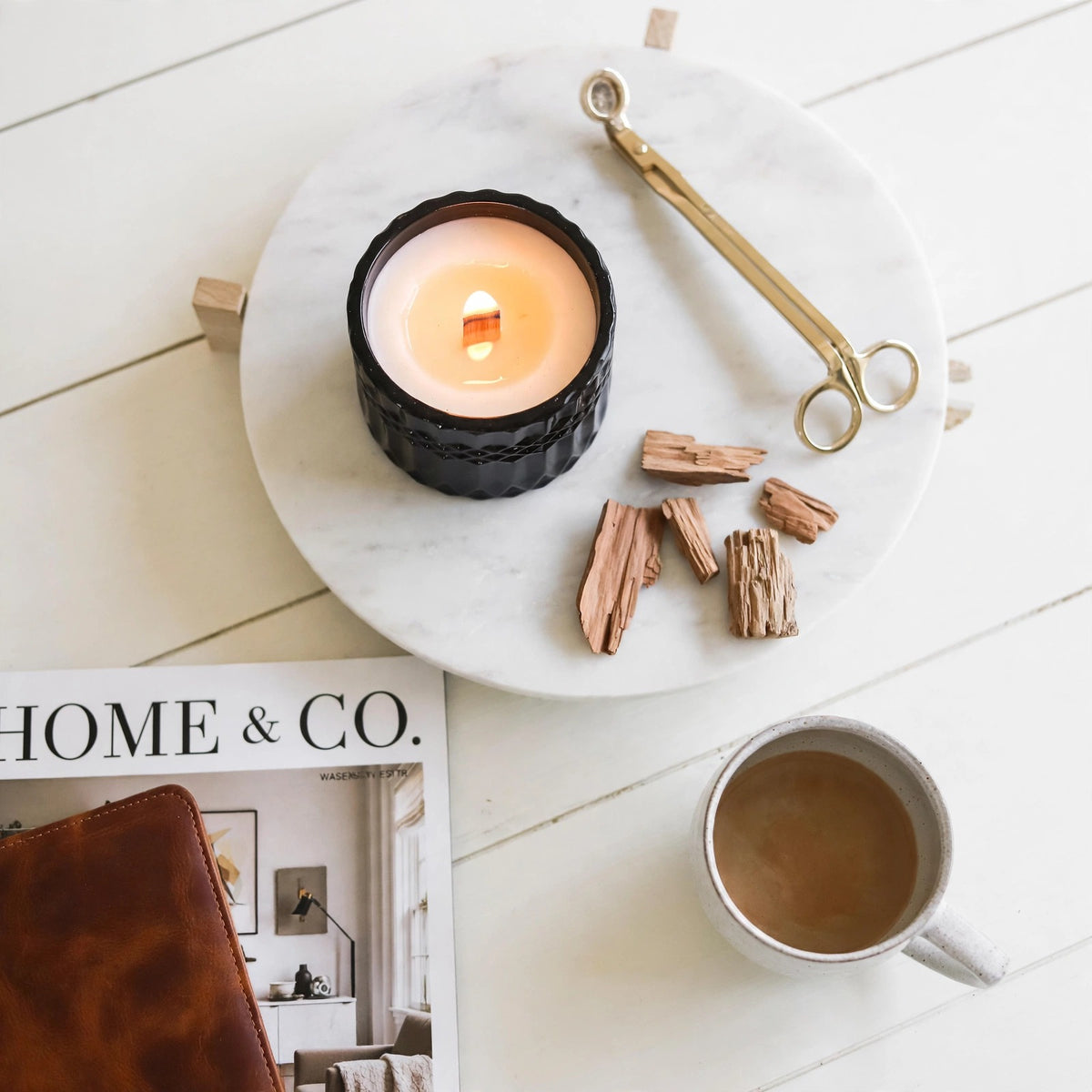 Sandalwood Smoke vintage glass candle lifestyle