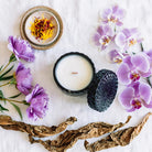 Saffron Tobacco vintage glass candle flat lay