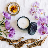 Saffron Tobacco vintage glass candle flat lay