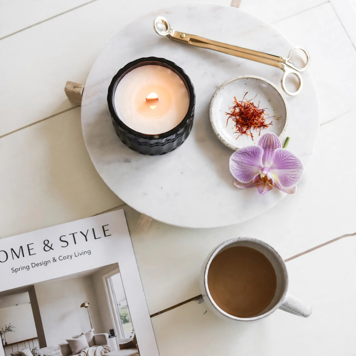 Saffron Tobacco vintage glass candle lifestyle