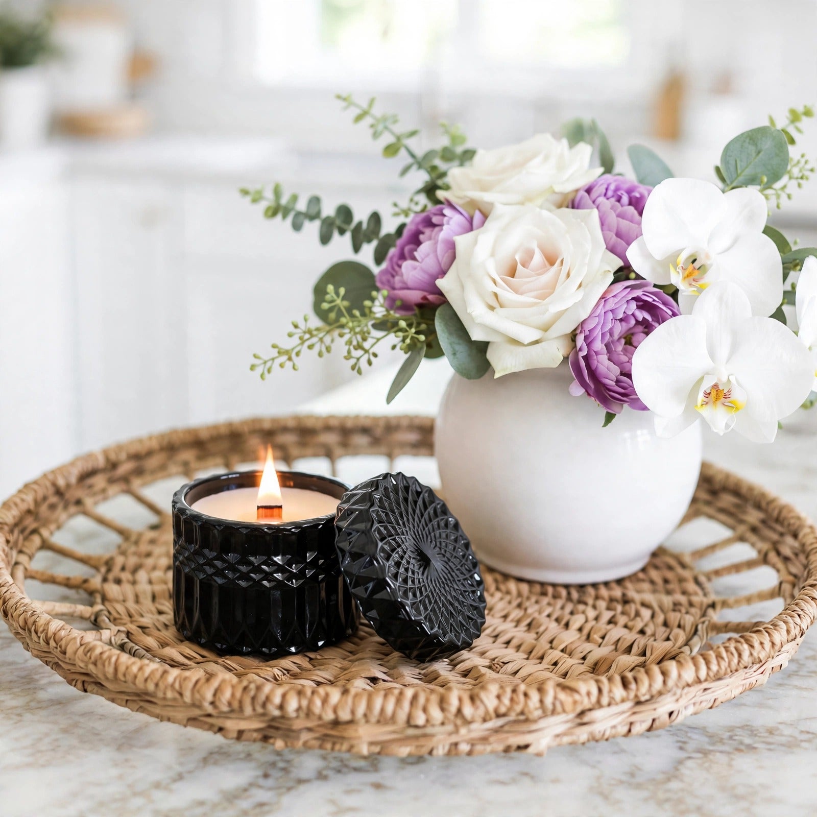 Saffron Tobacco vintage glass candle styled