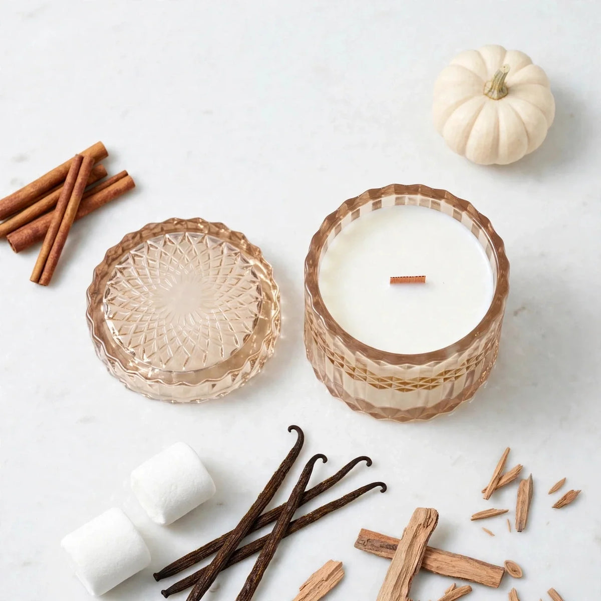 Vanilla Pumpkin Santal vintage glass candle flat lay with cinnamon, marshmallows, vanilla and sandalwood