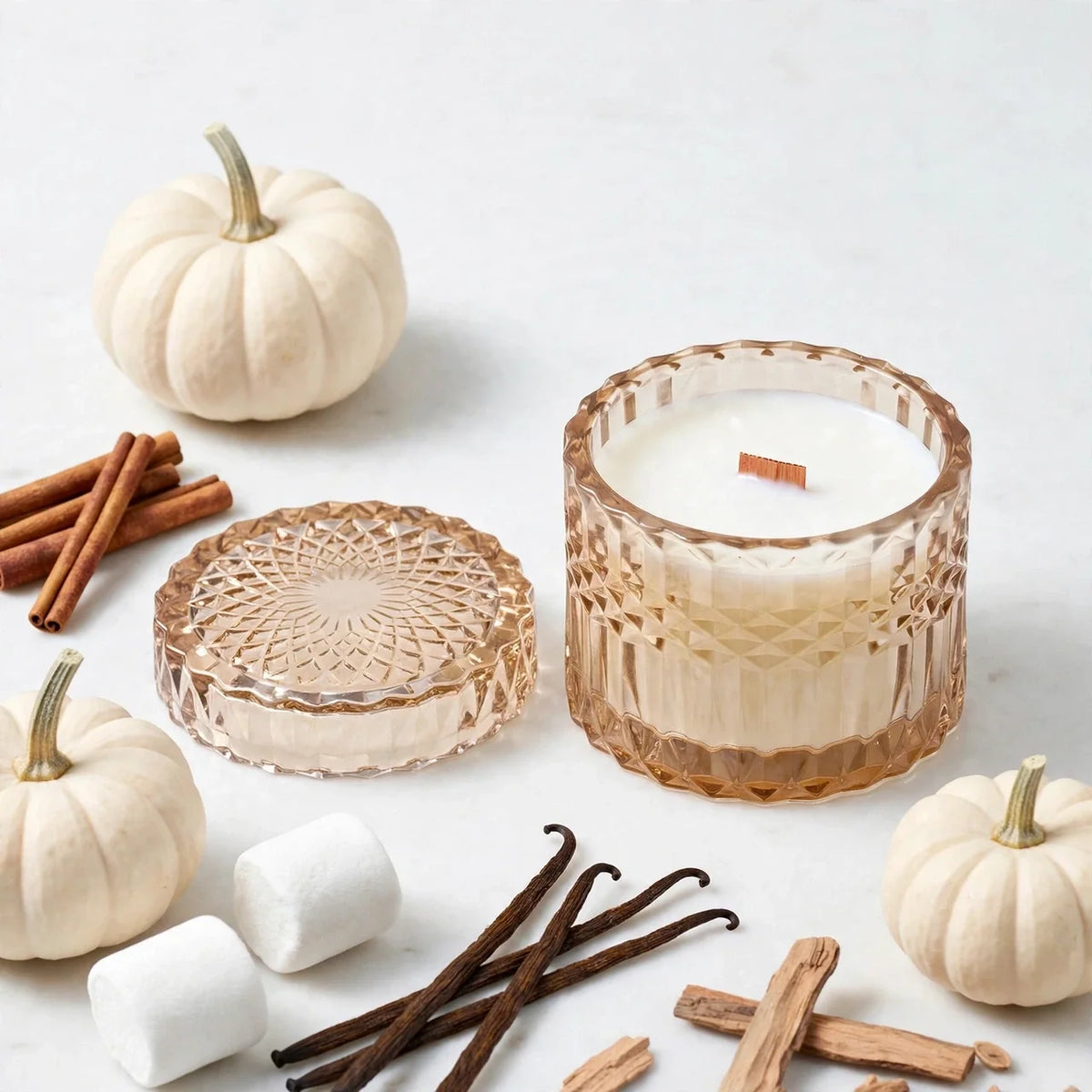 Vanilla Pumpkin Santal vintage glass candle with white pumpkin, cinnamon, marshmallows and sandalwood