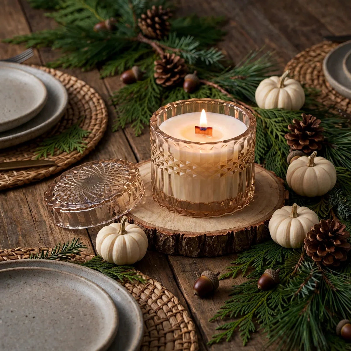 Vanilla Pumpkin Santal vintage glass candle lit on a woodsy dining table with white pumpkins and evergreen
