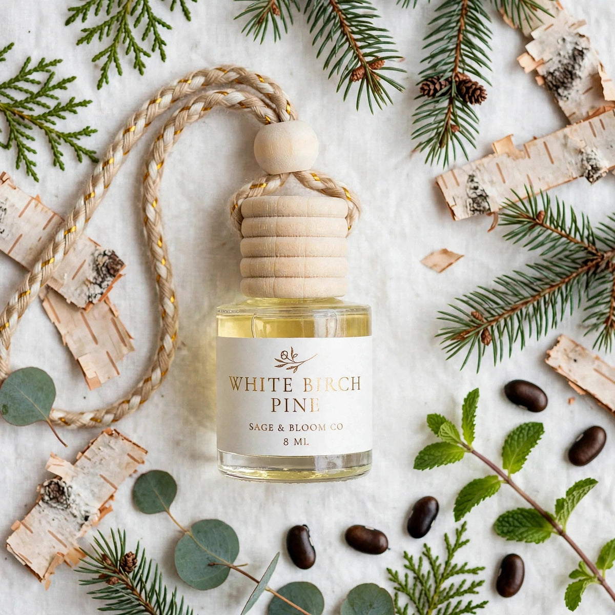 White Birch Pine flat lay with scent notes
