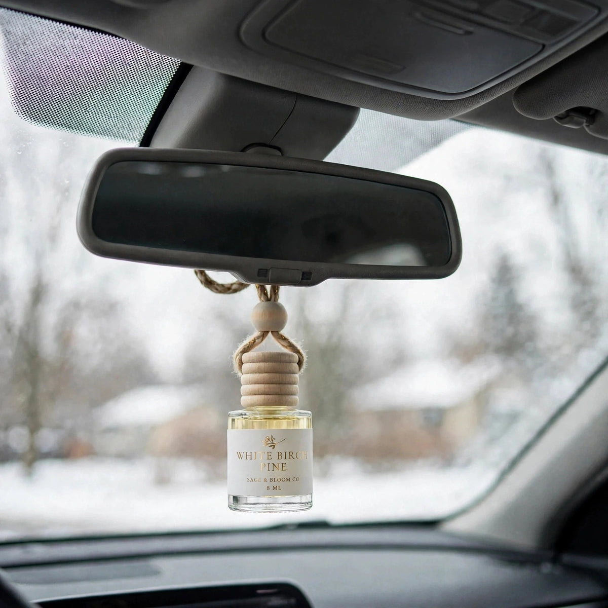 White Birch Pine in car on rearview mirror