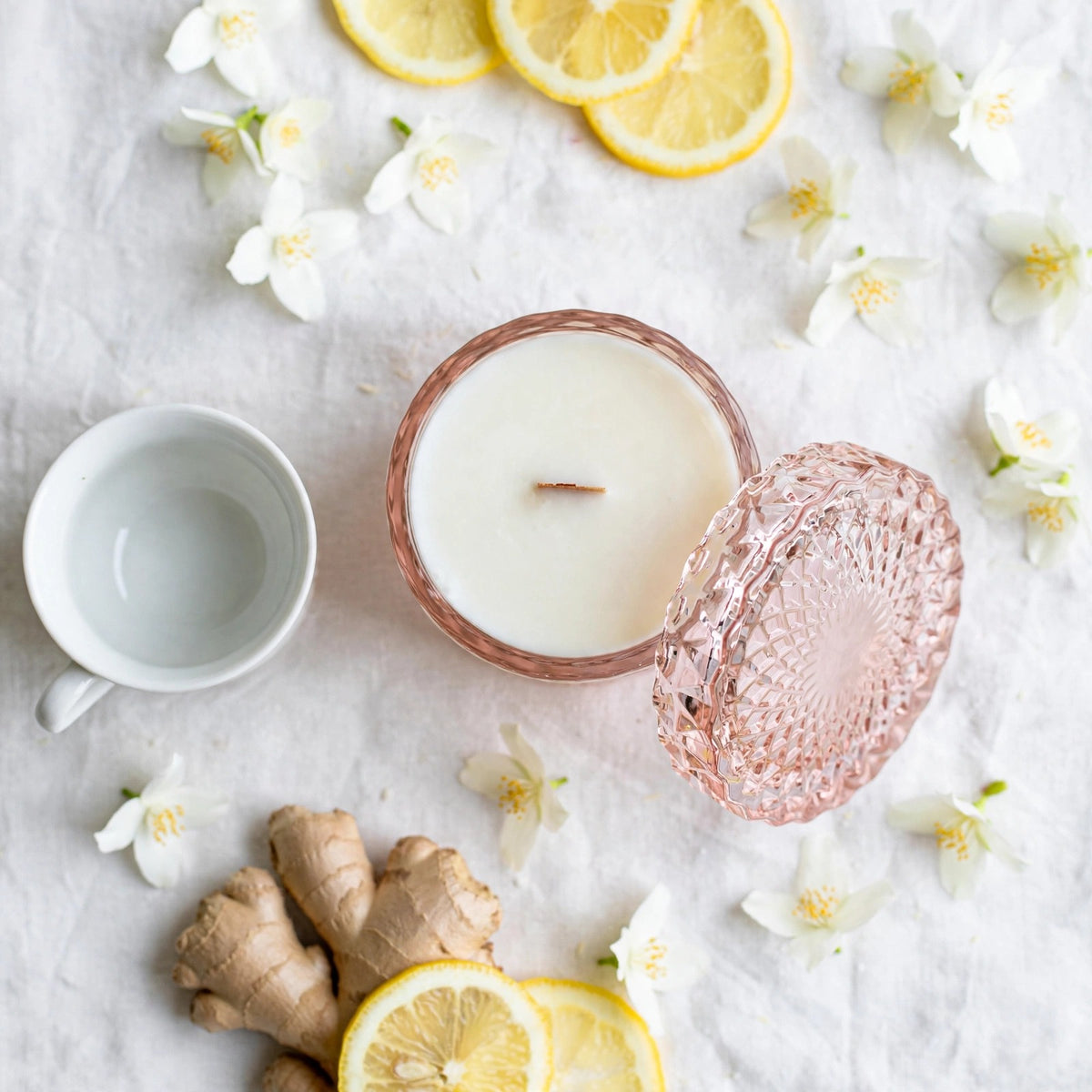 White Tea Jasmine vintage glass candle flat lay