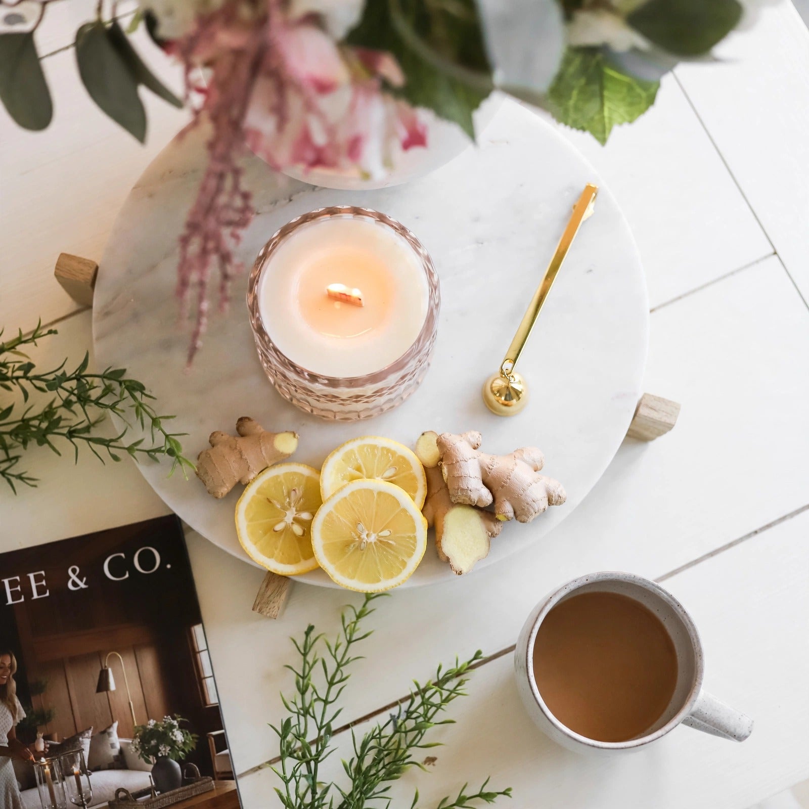 White Tea Jasmine vintage glass candle lifestyle