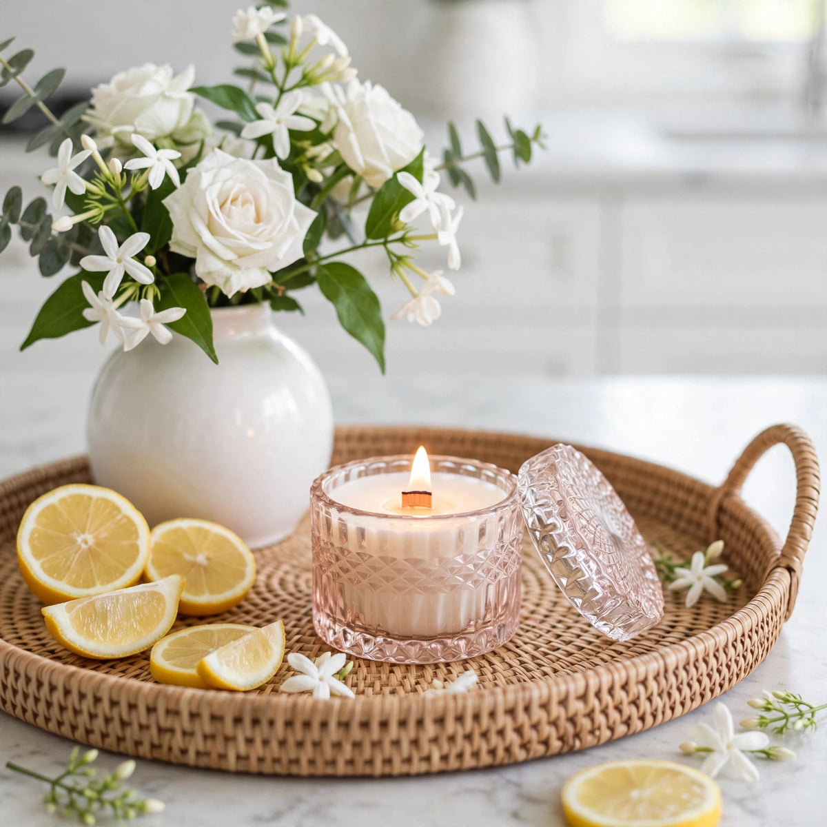 White Tea Jasmine vintage glass candle styled